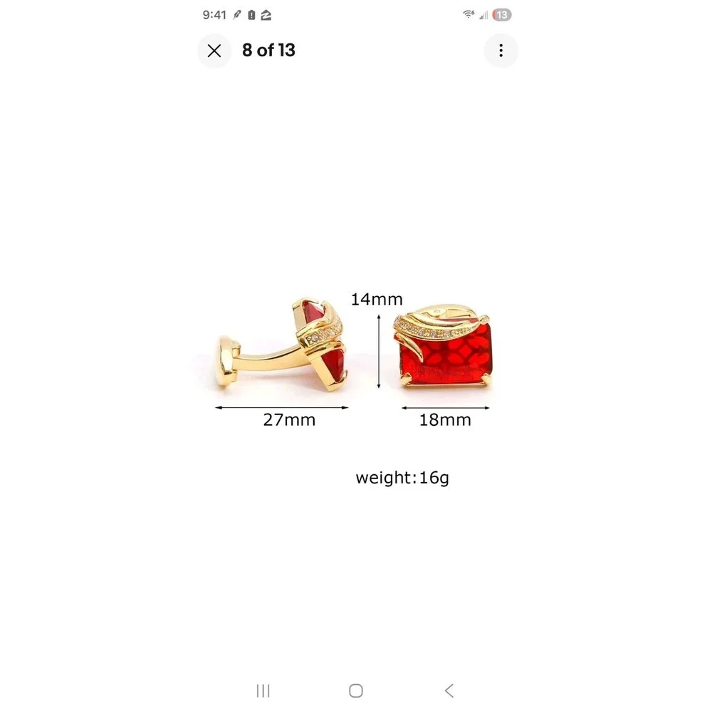Luxury Red Crystal Rhinestone Square Gold Formal Business Shirt Buttons Cufflink